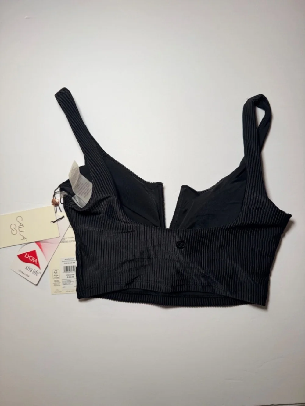 CALIA Ribbed V-Neck Bikini Swim Top XXS Black Textured NWT Removable Cups